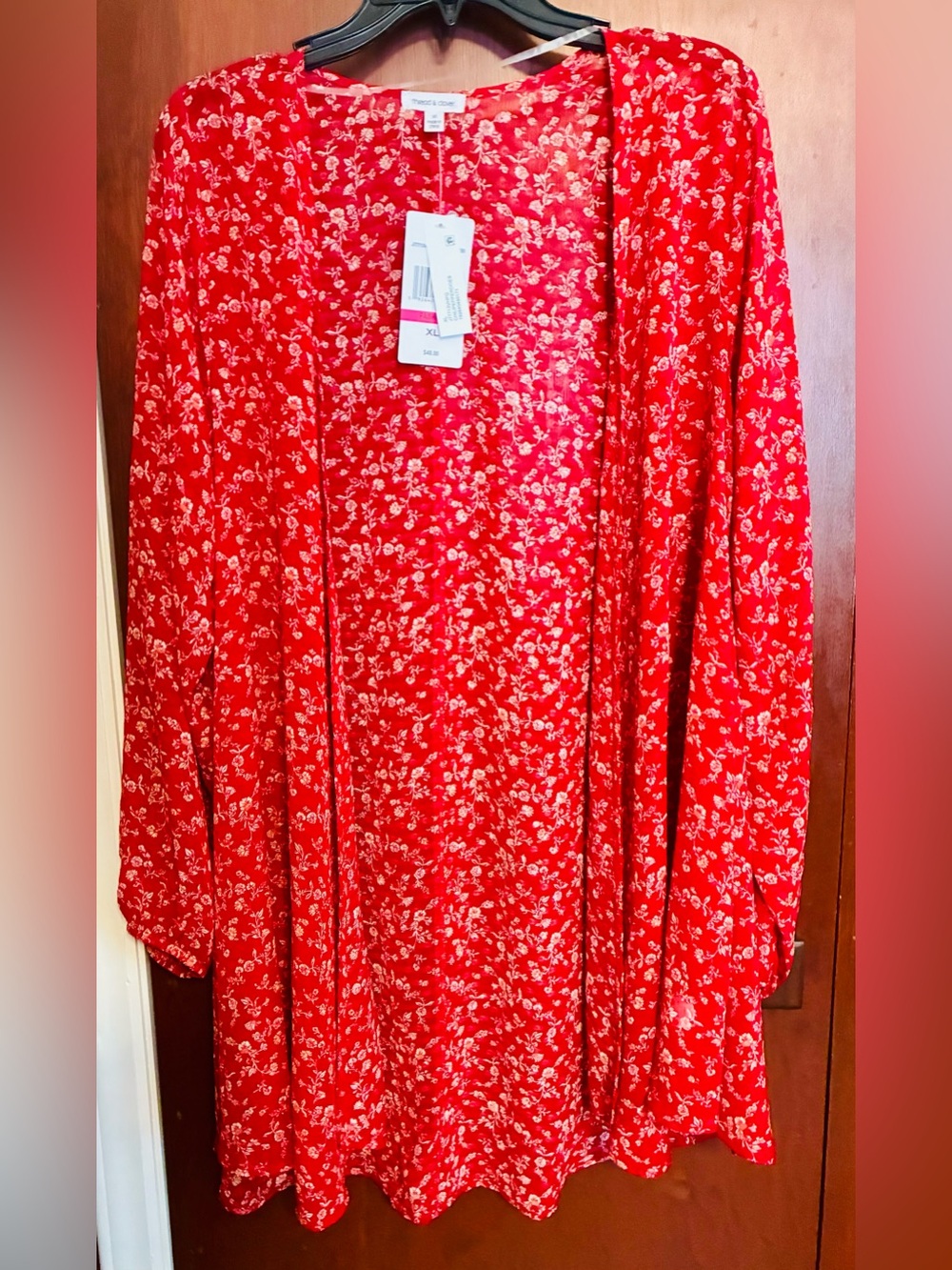 Women's Red Floral Open-Front Longline Jacket by Universal Thread